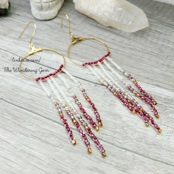 Boho Chic Seed Bead Fringe Cascade Tassel Hoop Dangle Earrings, Statement 4.5" - Picture 7 of 9